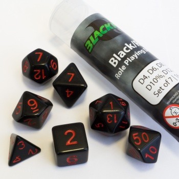 Kostka Blackfire - Sada 7 kostek pro RPG (černá s červenými čísly)