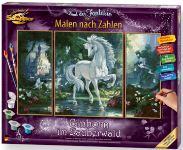 Malování podle čísel - Jednorožec v kouzelném lese - Einhorn im Zauberwald - Triptych